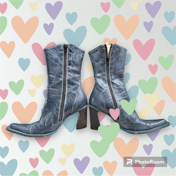 Leather Evidenzia! Denim blue booties made in Italy sz 37 sz 7 US lamb skin - Picture 5 of 13